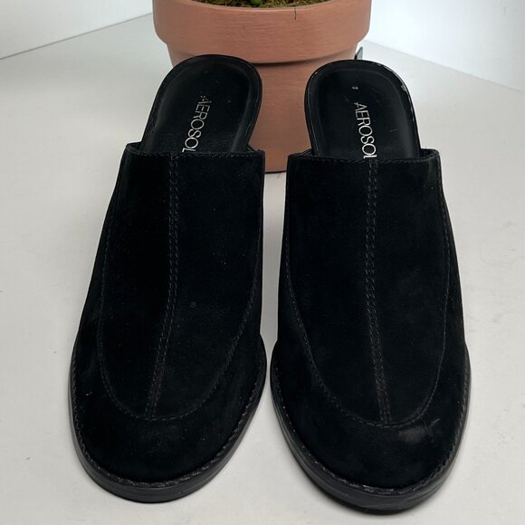 Aerosoles Black Suede Y2K Block Heel Mules Size 8 Slip On Retro 90s Minimalist - Picture 9 of 10